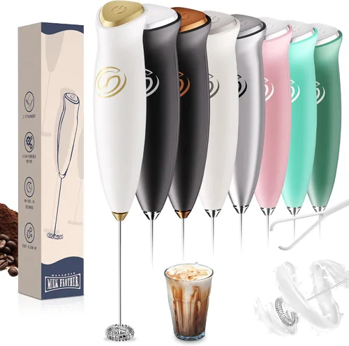 Vista 18 de Espumador de leche de mano, mezclador de bebidas, agitador de café de mano, espumador eléctrico para mezclador de café, varita con 2 batidores