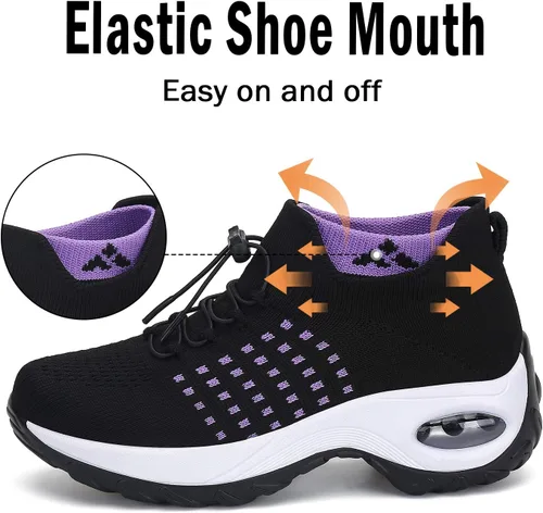 Vista 4 de Tenis estilo calcetines para caminar, de mujer, acolchado con malla, cámara de aire, cómoda cuña, calzado confortable, tipo mocasines de plataforma