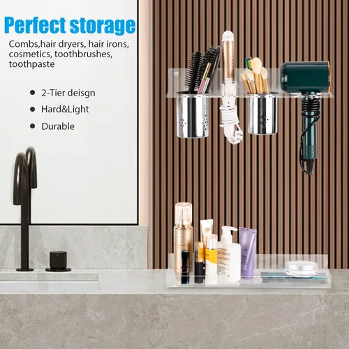 Vista 6 de Organizador de herramientas para el cabello, montaje en pared, juego de 2 soportes acrílicos para secador de pelo, organizadores de tocador de baño