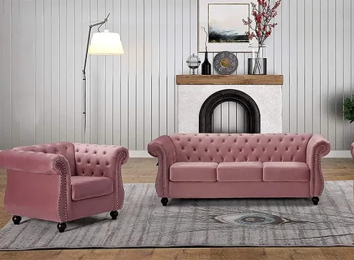 Vista 19 de Container Furniture Direct Feinstein - Sofá Chesterfield de terciopelo moderno para sala de estar con cabezas de clavos, acolchado de diamante