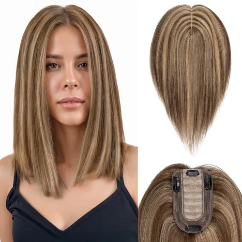 Vista 11 de Benehair Peluca de cabello con clip con flequillo, peluca secreta de cabello 100% humano, postizo superior con flecos, peluca de repuesto