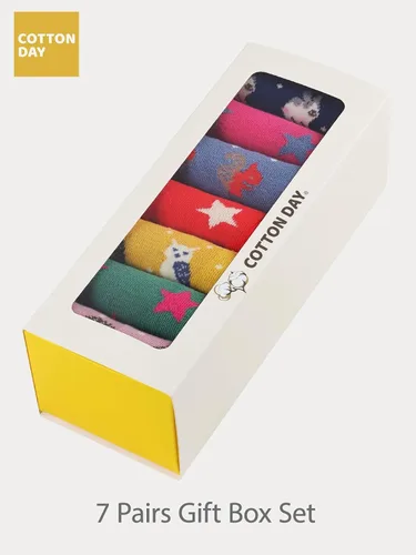 Vista 3 de COTTON DAY Caja de regalo de 7 días de la semana, calcetines cortos de moda para niños y niñas, diseño de animales, flores, estrellas, rayas