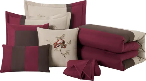 Vista 9 de Chezmoi Collection Vienna - Juego de edredón floral bordado de 7 piezas (tamaño matrimonial, marrón burdeos)