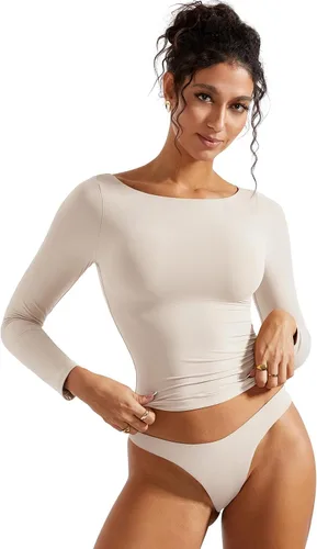 Vista 2 de SUUKSESS Camiseta de mujer con cuello redondo, manga larga, doblemente forrada, ajustada y corta