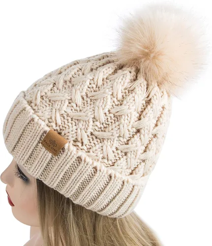 Vista 3 de PAGE ONE Womens Winter Ribbed Beanie Crossed Cap Chunky Cable Knit Pompom Soft Warm Hat