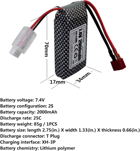 Vista 2 de Accesorio 2 unidades 7.4V 2000mAh T-Plug batería de litio para 9200 HB101 9200E 200E 9202E 9203E 9204E 9205E 9206E 2995 YC300 HM101 25-DJ02 9125