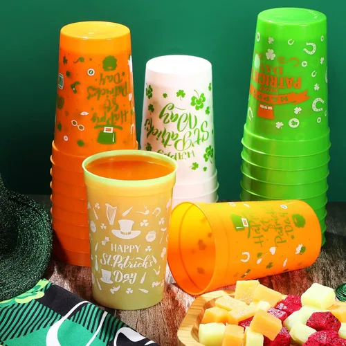 Vista 5 de Meanplan 36 tazas de plástico para el Día de San Patricio de 12 onzas de plástico verde trébol reutilizables a granel para niños y adultos