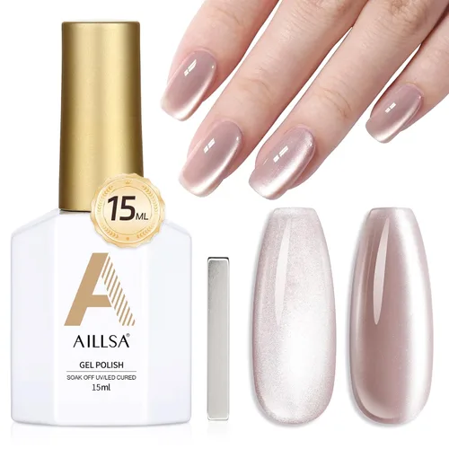 Vista 9 de AILLSA - Esmalte de uñas de gel ojo de gato color marrón con purpurina dorada con imán, esmalte de uñas de gel ámbar destello nude con cristales