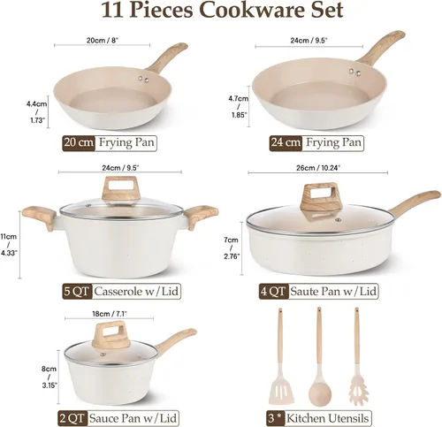 Vista 2 de M MELENTA Juego de ollas y sartenes antiadherentes, juego de utensilios de cocina de cerámica no tóxica, 11 piezas de utensilios de cocina de Crema