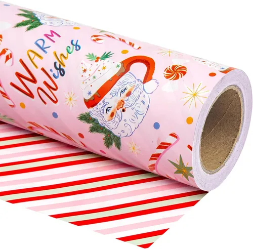 Vista 10 de WRAPAHOLIC - Papel de regalo de Navidad reversible, minirollo, 17 pulgadas x 33 pies, diseño de árbol de Navidad con letras “joy”, perfecto