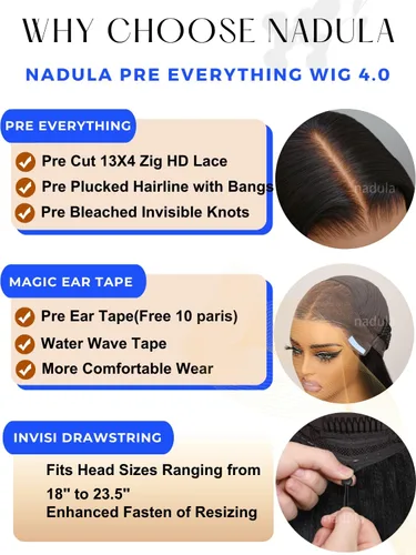 Vista 2 de Nadula Peluca de encaje Yaki de 10 pulgadas 13x4 HD con cordón – Peluca de cabello humano sin pegamento con cinta para las orejas, nudos invisibles