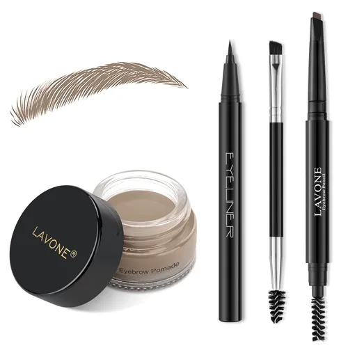 Vista 9 de LAVONE Kit de lápiz de sello para cejas, kit de maquillaje triple con lápiz de ceja impermeable, delineador, pomada de cejas y cepillo de cejas