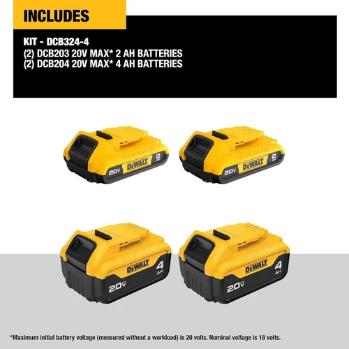Vista 2 de DEWALT Batería de iones de litio de 20 V máximo, 2 Ah y 4 Ah, paquete de 4, indicadores de carga LED de indicador de combustible (DCB324-4)