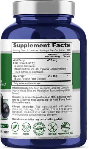 Vista 2 de NusaPure Cápsulas de bayas de acai 20000mg 200 cápsulas vegetales Sin OMG, extracto 501, bioperina