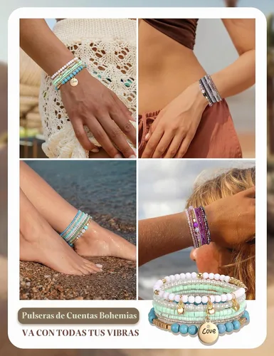 Vista 5 de LOYALLOOK Juego de 6 pulseras de cuentas apilables bohemias para mujer, estilo bohemio, elásticas, de varias capas, estilo bohemio
