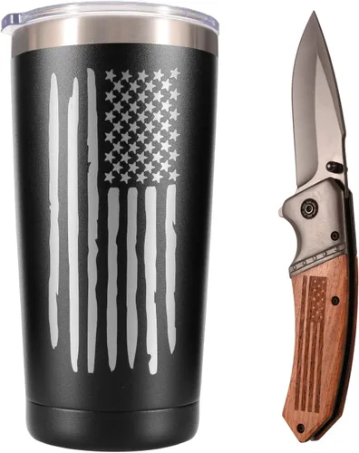 Vista 9 de Vaso térmico y taza de café de viaje con bandera americana de 20 onzas para hombres, esposo, papá, regalos militares patrióticos únicos para el día