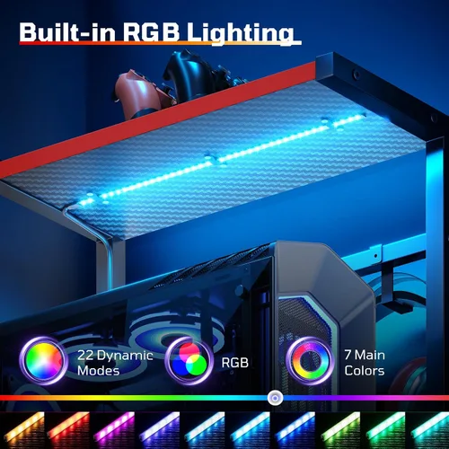Vista 7 de Bestier Escritorio para juegos con cajón, escritorio pequeño para computadora de 44 pulgadas con estante de PC, mesa de juegos con luces LED