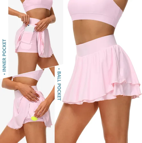 Vista 4 de UrKeuf - Faldas de tenis atléticas con bolsillos de 13 pulgadas y volantes, para golf, correr, entrenamiento, falda pantalón deportiva de seda fría