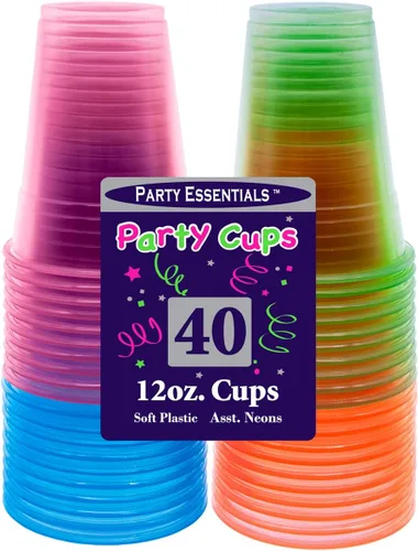 Vista 2 de Party Essentials Vasos de plástico suave de 12 onzas para fiesta, 40 unidades, neón surtido