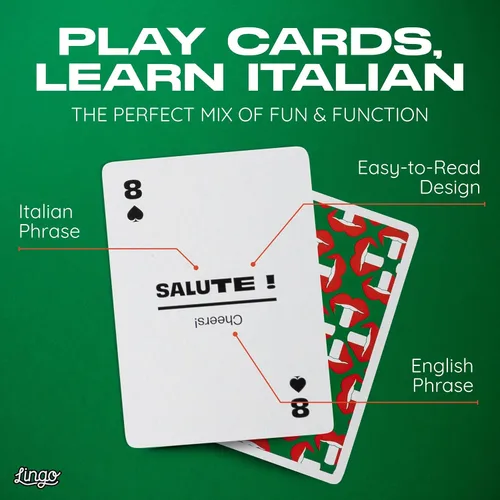 Vista 2 de Lingo Naipes italianos en lata de viaje premium Aprende vocabulario y frases italianas para adultos y principiantes Edición de caja de regalo