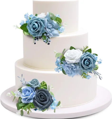 Vista 9 de Marriwise 3 piezas de flores prefabricadas, decoración de pastel de boda rosa baya, decoración de flores artificiales para boda, ceremonia