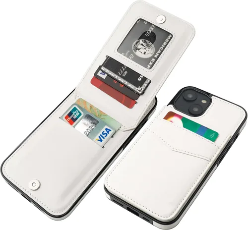 Vista 12 de KIHUWEY - Funda tipo cartera para iPhone 14 Plus, tarjetero con soporte, color negro Ranuras para tarjetas de crédito, piel sintética, cierre
