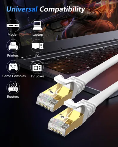 Vista 7 de Cable Ethernet Cat 8 de 1 pie, paquete de 2 unidades, 40 Gbps 2000 MHz, cable plano Cat8 de alta velocidad con conector RJ45 chapado en oro, cable