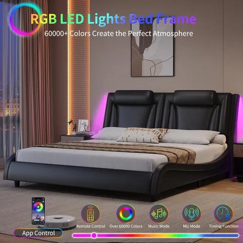 Vista 4 de Keyluv Armazón de cama moderno tapizado con plataforma con cabecera LED ajustable y diseño de curva ondulada y soporte de listones de madera sólida