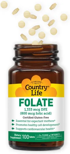 Vista 2 de Country Life Folato 800 mcg (ácido fólico), apoya el desarrollo celular saludable y la salud cardíaca, apoyo prenatal para mujeres, 100 tabletas