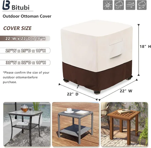 Vista 2 de Bitubi Funda otomana impermeable para patio, funda cuadrada resistente para muebles de mesa auxiliar para exteriores, tamaño 22 pulgadas de largo x