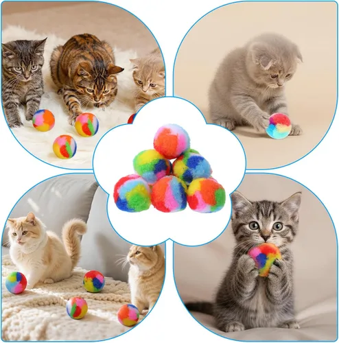 Vista 7 de 40 bolas de peluche suave para gatos de 1.7 pulgadas, pompón arcoíris para gatos, bolas de juguete mullidas para gatitos persecución de hilo