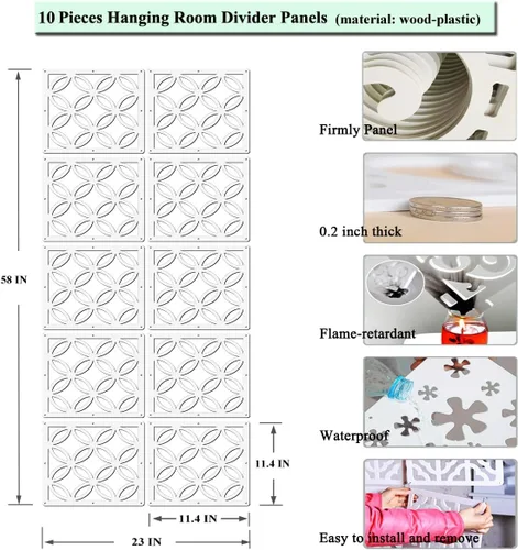 Vista 2 de Paneles divisores de habitación colgantes, 10 paneles de pantalla de madera y plástico, división de pared, decoración del hogar y la oficina