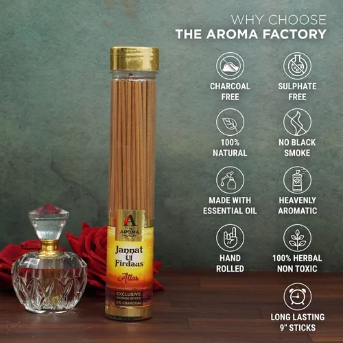 Vista 4 de The Aroma Factory Agarbatti for Pooja, Attar Jannat Ul Firdaus Perfume Varillas de incienso, sin carbón y bajo contenido de humo, Agarbatti