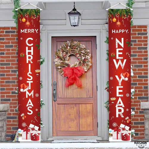 Vista 4 de KatchOn, Cartel de Feliz Navidad – 72 x 12 pulgadas, paquete de 2 Cartel de Feliz Año Nuevo para decoraciones de Año Nuevo 2025 Cartel de puerta