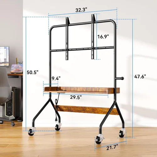 Vista 7 de Soporte de TV rodante con toma de corriente, carrito de TV móvil para pantalla de TV de 32 a 75 pulgadas de hasta 110 libras, soporte de TV portátil