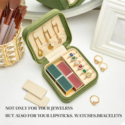 Vista 5 de Joyero de viaje, pequeño joyero de terciopelo de felpa para mujeres y niñas, organizador portátil de joyería para anillos, aretes, collares