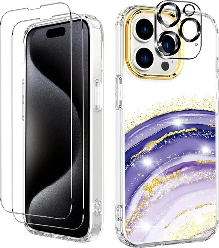 Vista 10 de BAISRKE Funda transparente con diseño para iPhone 15 Pro Max de 6.7 pulgadas, con 2 protectores de pantalla + 1 paquete de protector de lente