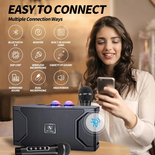 Vista 3 de Laucnpty - Máquina de karaoke con 2 micrófonos inalámbricos y luces de bola de discoteca para adultos o niños, máquina de canto portátil con altavoz