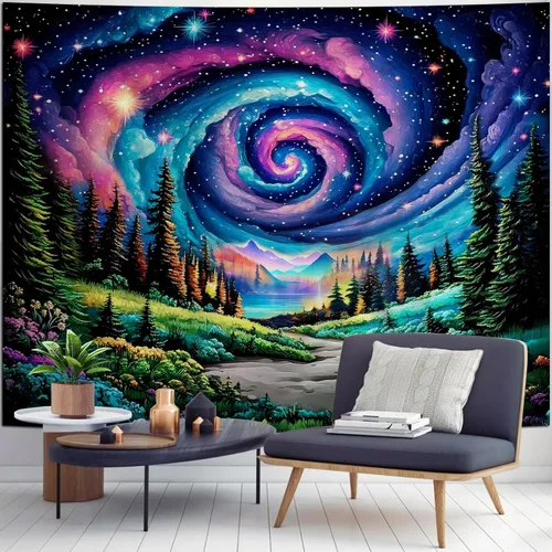 Vista 9 de Apdidl Tapiz estrellado de galaxia forestal para techo de dormitorio, espacio azul, cielo estrellado, luna, estrellas, tapiz estético, telón