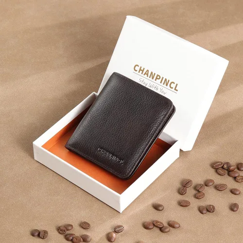Vista 5 de Cartera de cuero con cremallera para hombre, con bloqueo RFID, mini billetera portátil con múltiples ranuras para tarjetas para billetes, Café