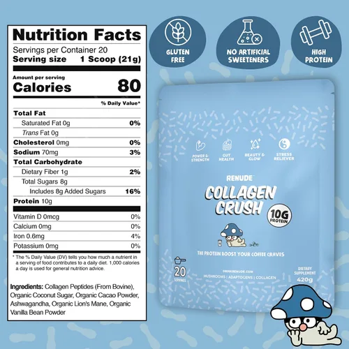 Vista 3 de Renude Collagen Crush - Crema en polvo para café, péptidos de colágeno bovino alimentados con pasto, 0.35 oz de proteína por porción, soporte