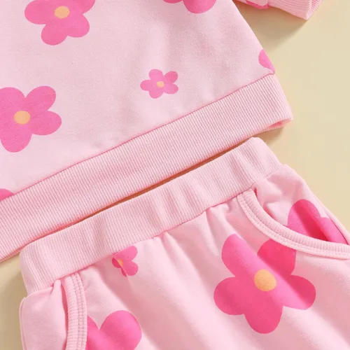 Vista 5 de MAYUMMPY Conjunto de 2 piezas de sudadera con cuello redondo floral y pantalones para bebé niña
