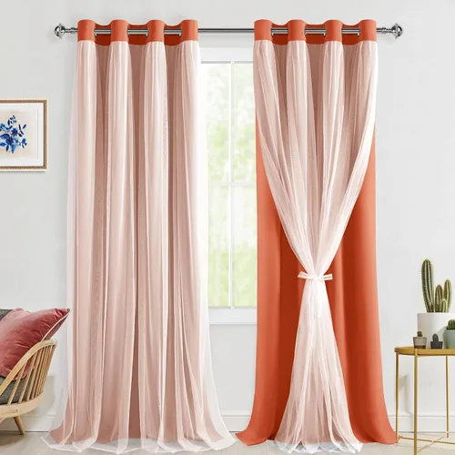 Vista 127 de Hiasan Cortinas opacas con superposición transparente, con ojales, aislamiento térmico, para mezclar y combinar, cortinas de ventana de doble capa