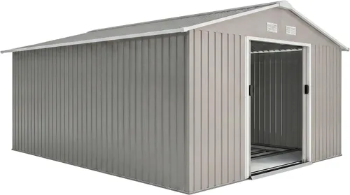 Vista 11 de Outsunny Cobertizo de almacenamiento exterior de 11' x 13', cobertizo de metal para herramientas de jardín con kit de cimentación, puerta con doble