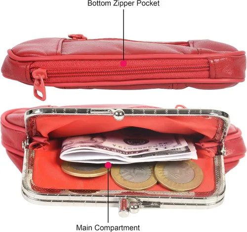 Vista 3 de Monedero de cuero con doble cierre de cremallera para mujer 5 14 pulgadas x 3 14 pulgadas Rojo billetera estilizada