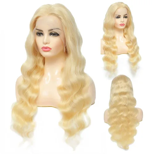 Vista 2 de Peluca de cabello humano con encaje frontal de onda corporal, rubio 613, 13x4, brasileña, 200 de densidad, nudos blanqueados pre arrancados