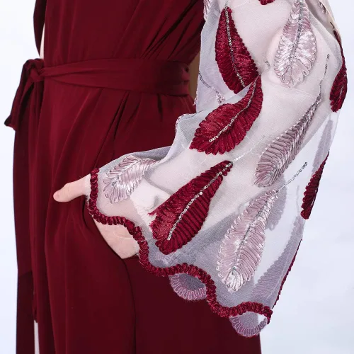Vista 5 de Vestido musulmán para mujer de encaje recortado Abaya botón frontal musulmán Maxi Kaftan Kimono