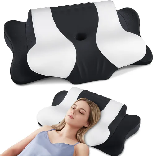 Vista 21 de DONAMA - Almohada cervical para cuello y hombros, diseño de espuma viscoelástica contorneado, soporte ergonómico para dormir de lado, espalda o boca