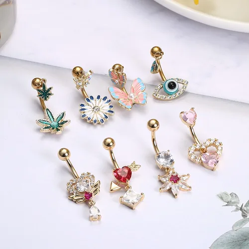 Vista 3 de Sanfenly 14G Belly Button Rings for Women 316L Surgical Steel belly rings Cute Dangle CZ Heart Flower Butterfly Evil Eye Leaf Dangling Navel Rings