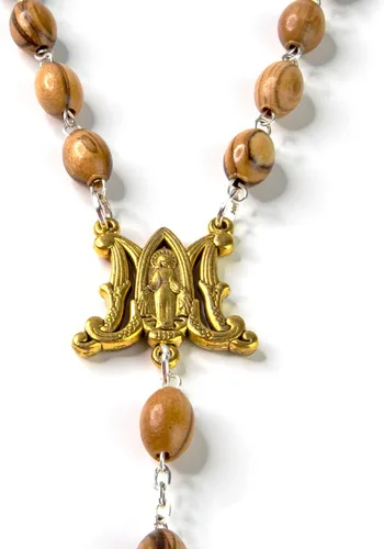 Vista 4 de Rosario de madera católica con medalla milagrosa de plata para hombres y mujeres, cuentas de madera de olivo de Tierra Santa de Israel con colgante